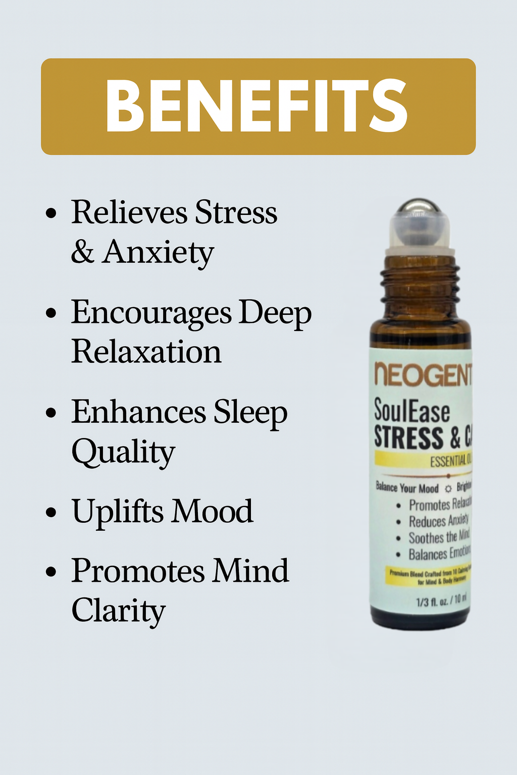 SoulEase Stress & Calm Essential Oil Roller – Made from 10 Premium Calming Botanicals – Soothing Floral • Warm Wood • Gentle Citrus – 100% Natural Essential Oils – Made in USA 10ML